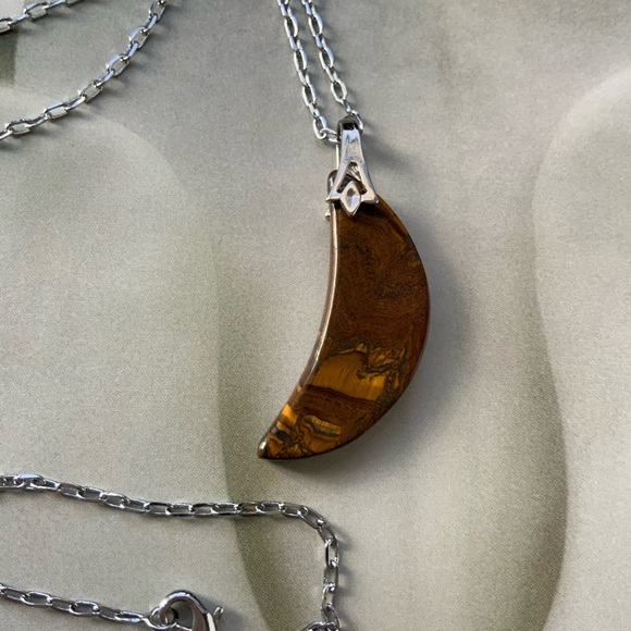 Handcrafted Natural Brown Tiger Eye Gemstone Half Moon on Silver Plated Chain - Picture 2 of 10